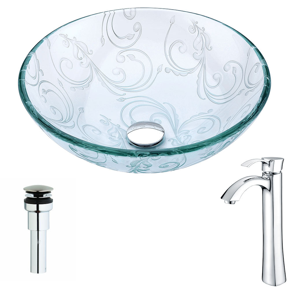 Vieno Series Deco-Glass Vessel Sink in Crystal Clear Floral with Harmony Faucet