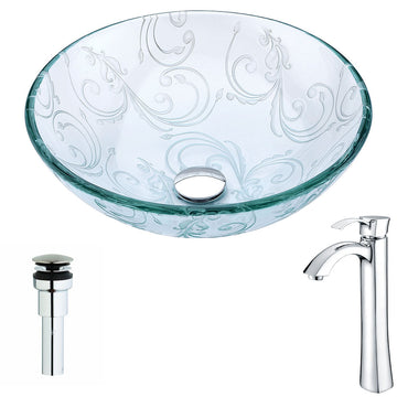 Vieno Series Deco-Glass Vessel Sink in Crystal Clear Floral with Harmony Faucet