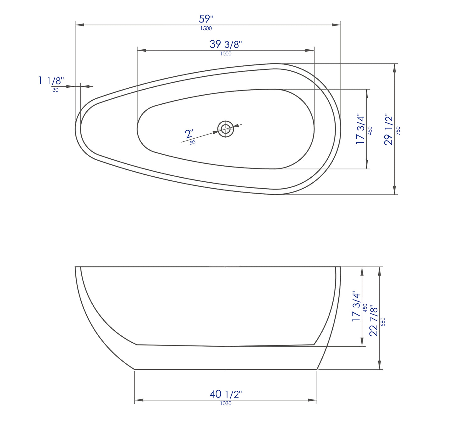 ALFI brand AB8861 59 inch White Oval Acrylic Free Standing Soaking Bathtub