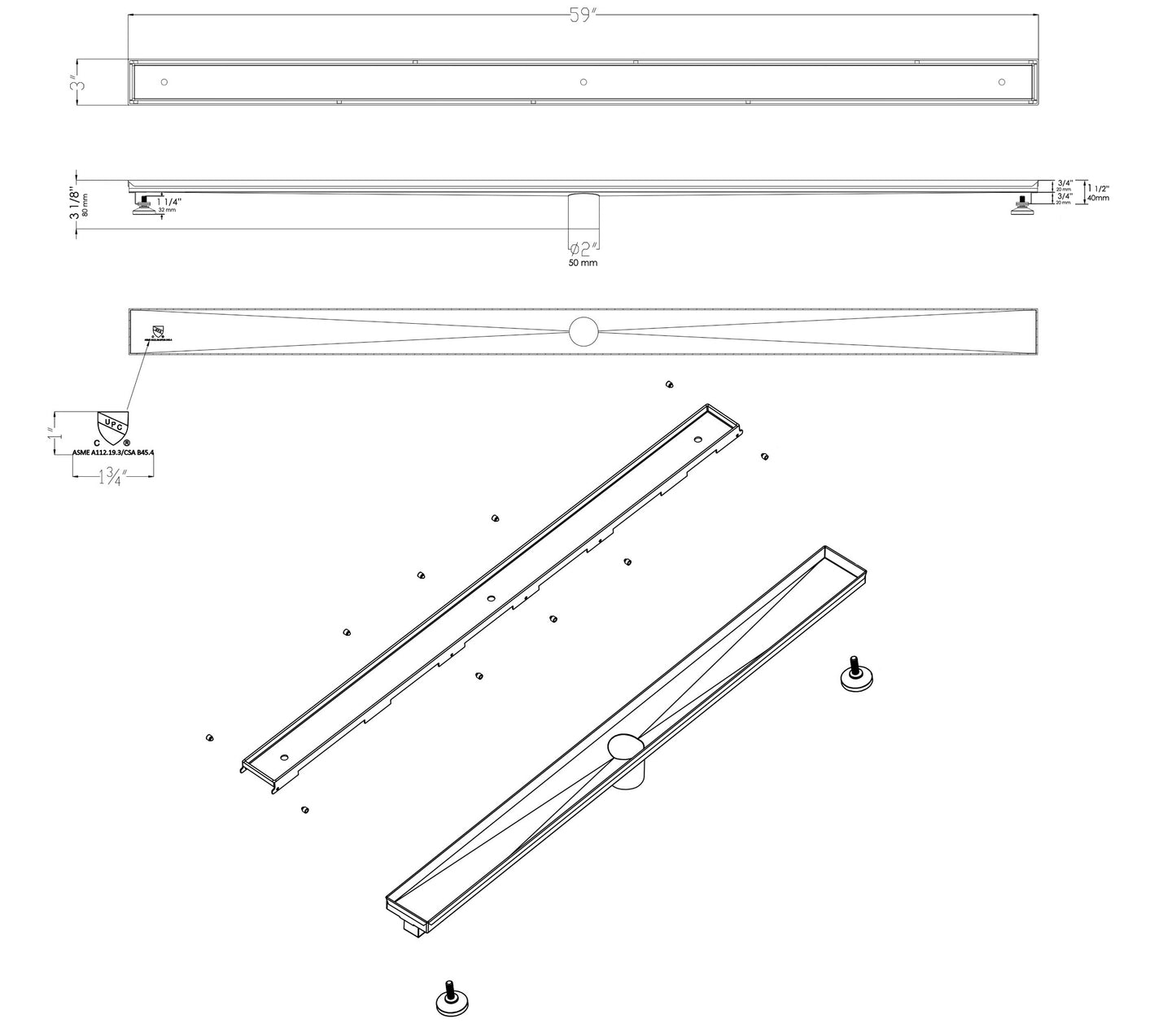 ALFI brand ABLD59A 59" Stainless Steel Linear Shower Drain with No Cover