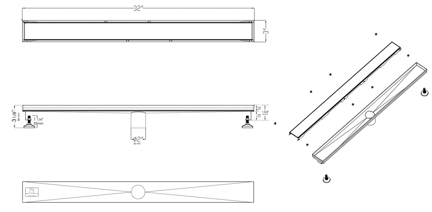 ALFI brand ABLD32B-PSS 32" Modern Polished Stainless Steel Linear Shower Drain with Solid Cover