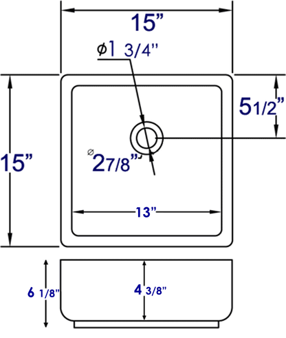 EAGO BA130  15" Square Ceramic Above Mount Bathroom Basin Vessel Sink