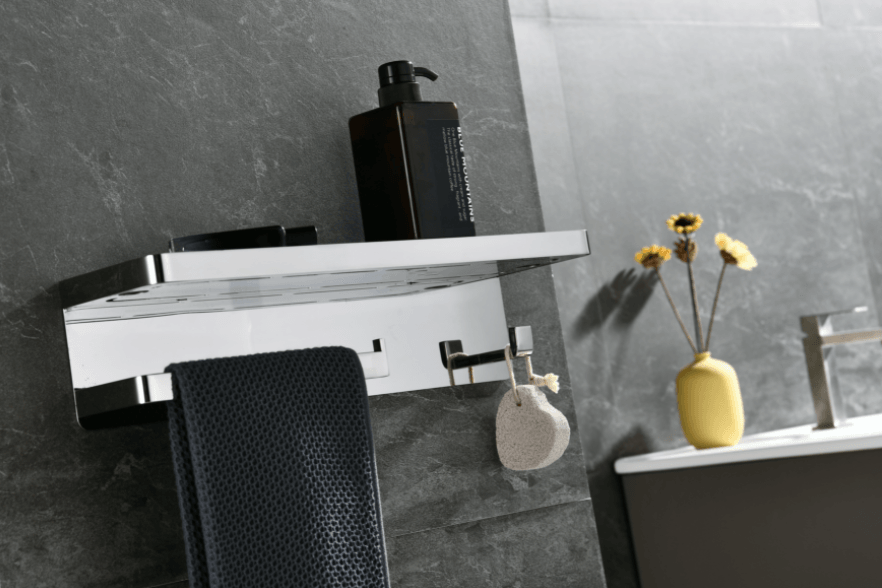 Lexora Bagno Bianca Glass Black / White Shelf w/ Towel Bar & Robe Hook