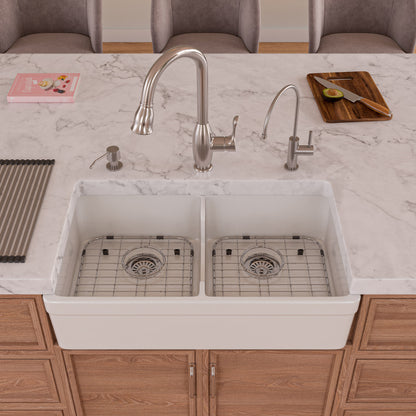 ALFI brand AB5123-W White 32" Short Wall Double Bowl  Lip Apron Fireclay Farmhouse Kitchen Sink