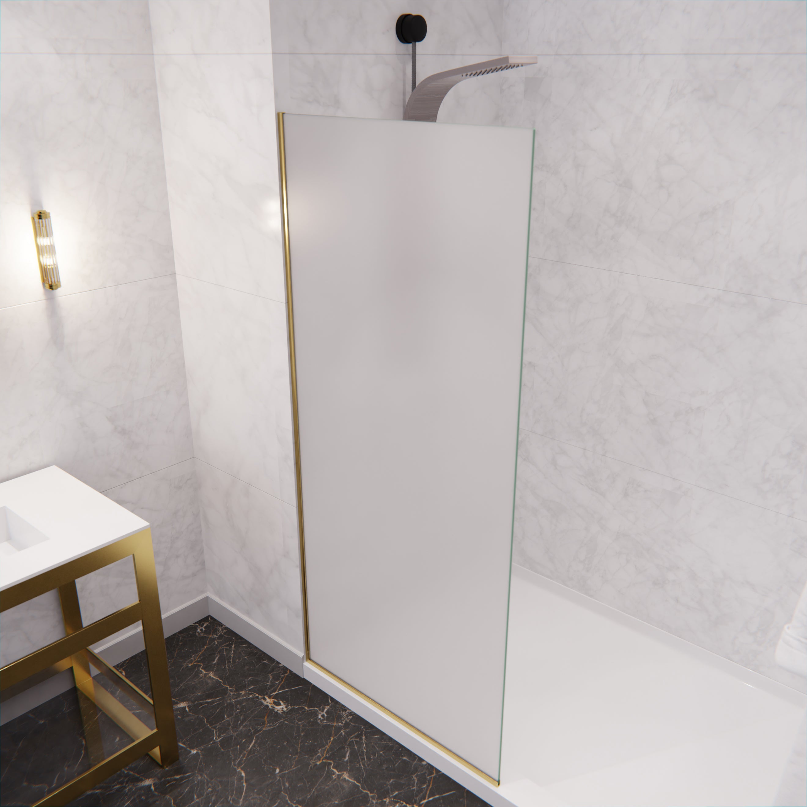 Veil Series 74 in. by 34 in. Framed Frosted Glass Shower Screen