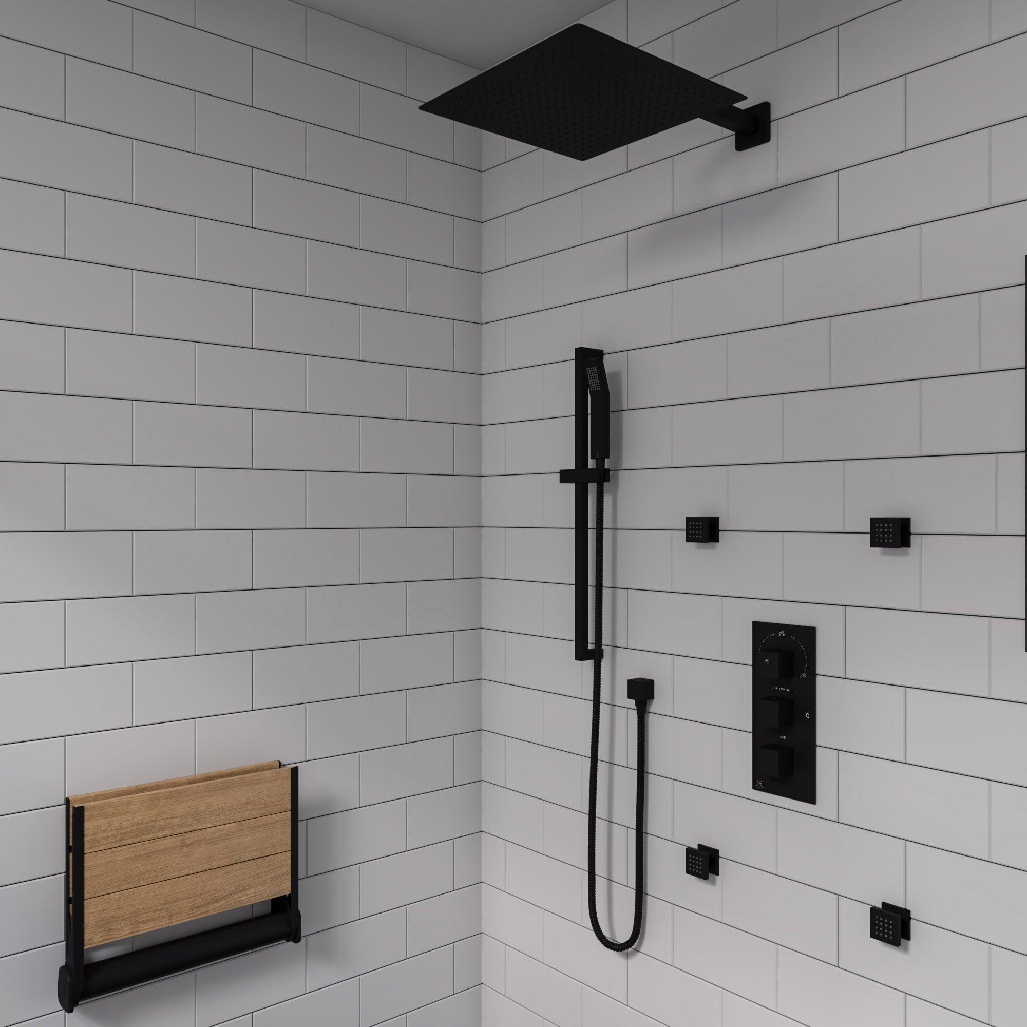 ALFI brand AB2801-BM Black Matte 3-Way Thermostatic Valve Shower Mixer Square Knobs