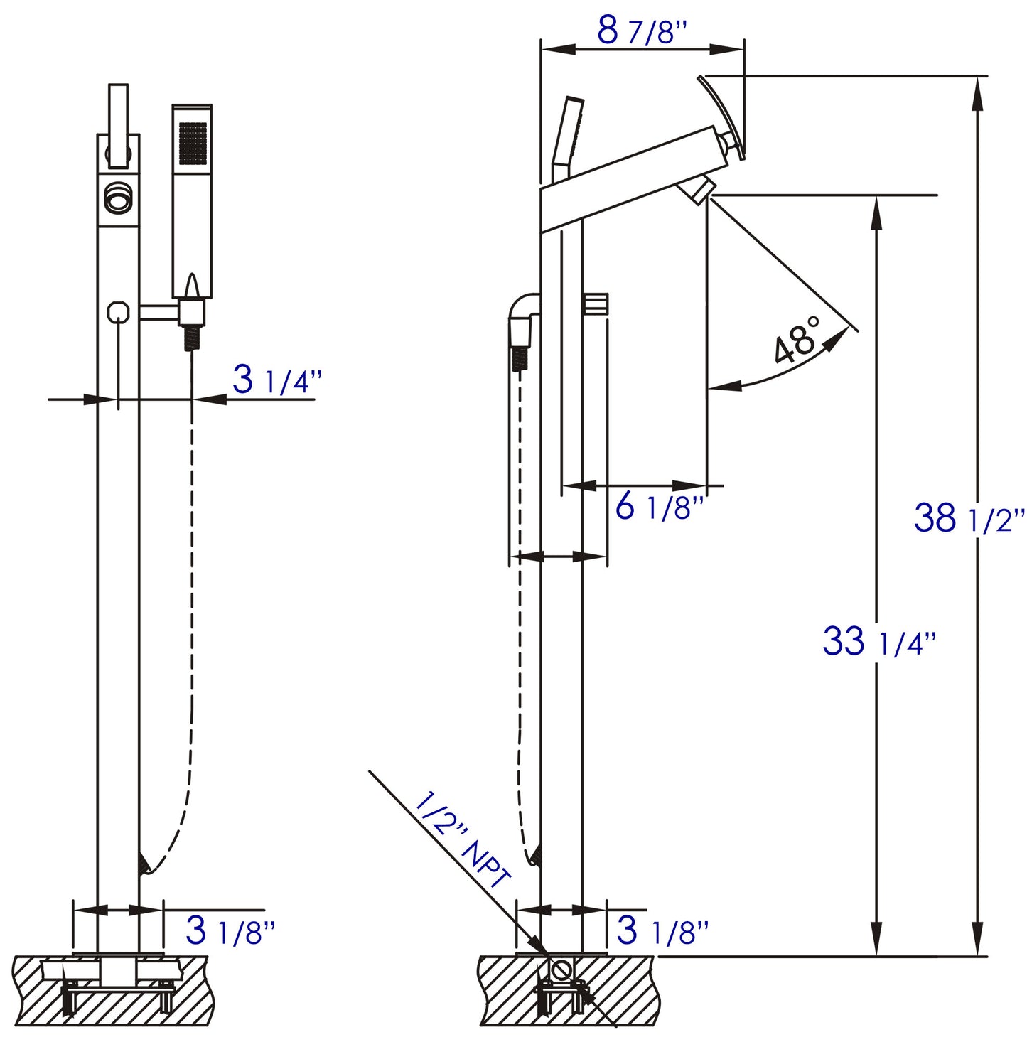 ALFI brand AB2728-PC Polished Chrome Floor Mounted Tub Filler + Mixer /w additional Hand Held Shower Head