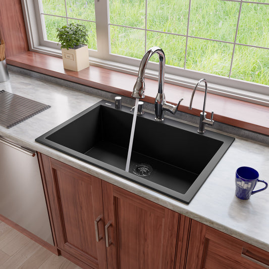 ALFI brand AB3322DI-BLA Black 33" Single Bowl Drop In Granite Composite Kitchen Sink