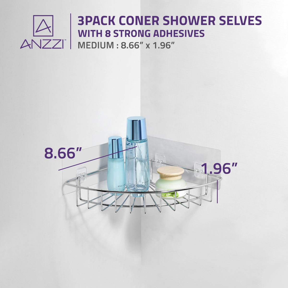 ANZZI 3-Piece Corner Shower Caddy Shelf Set with 8 Adhesive in Chrome