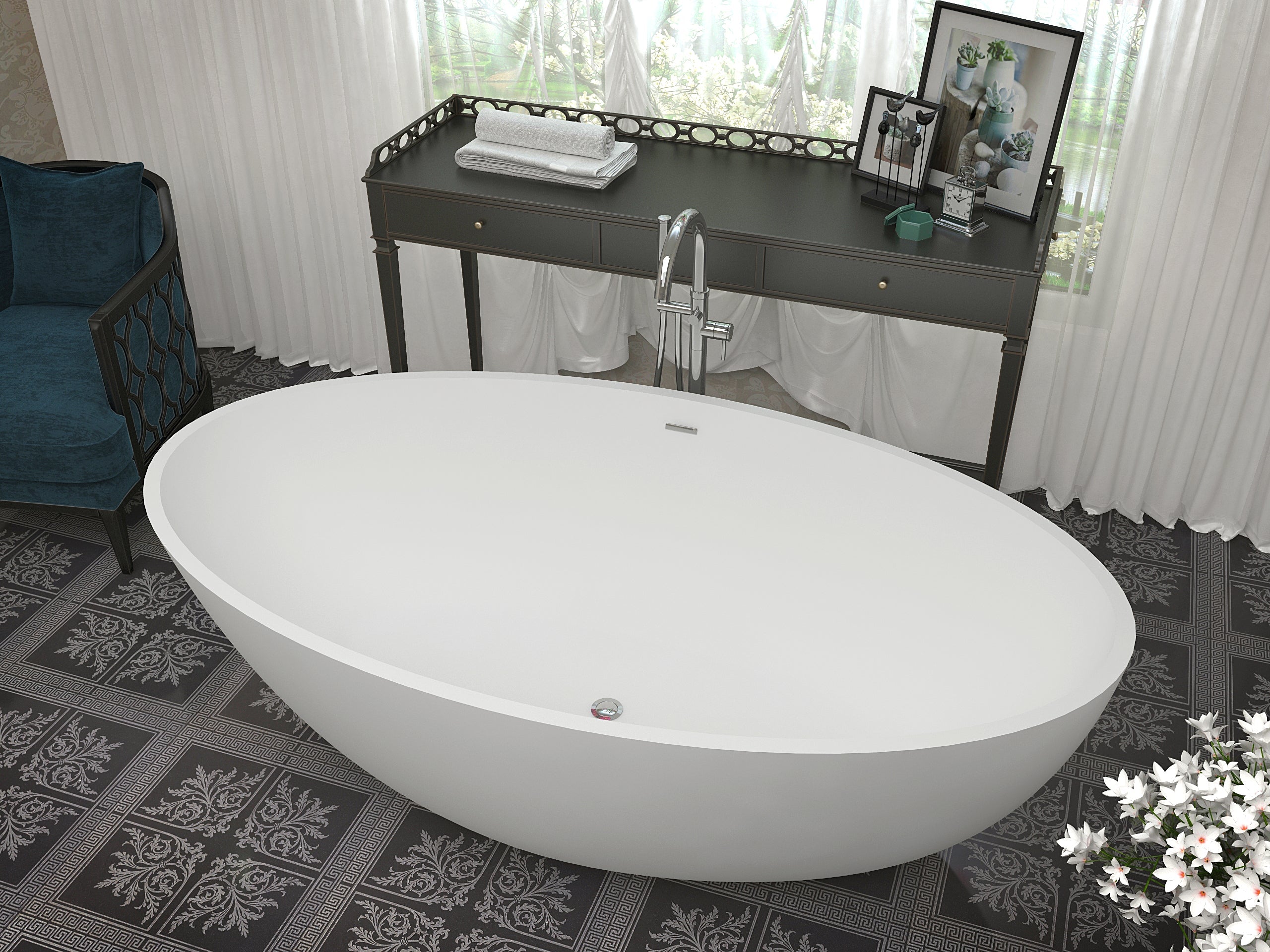 Cestino 5.5 ft. Solid Surface Center Drain Freestanding Bathtub in Matte White