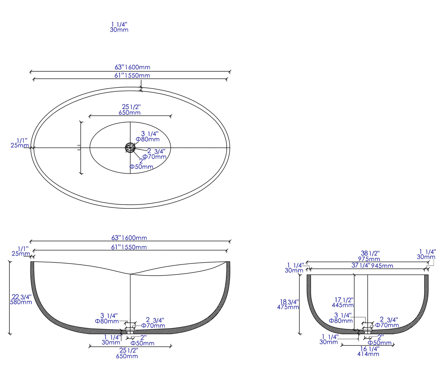 ALFI brand ABCO63TUB 63" Solid Concrete Oval Bathtub