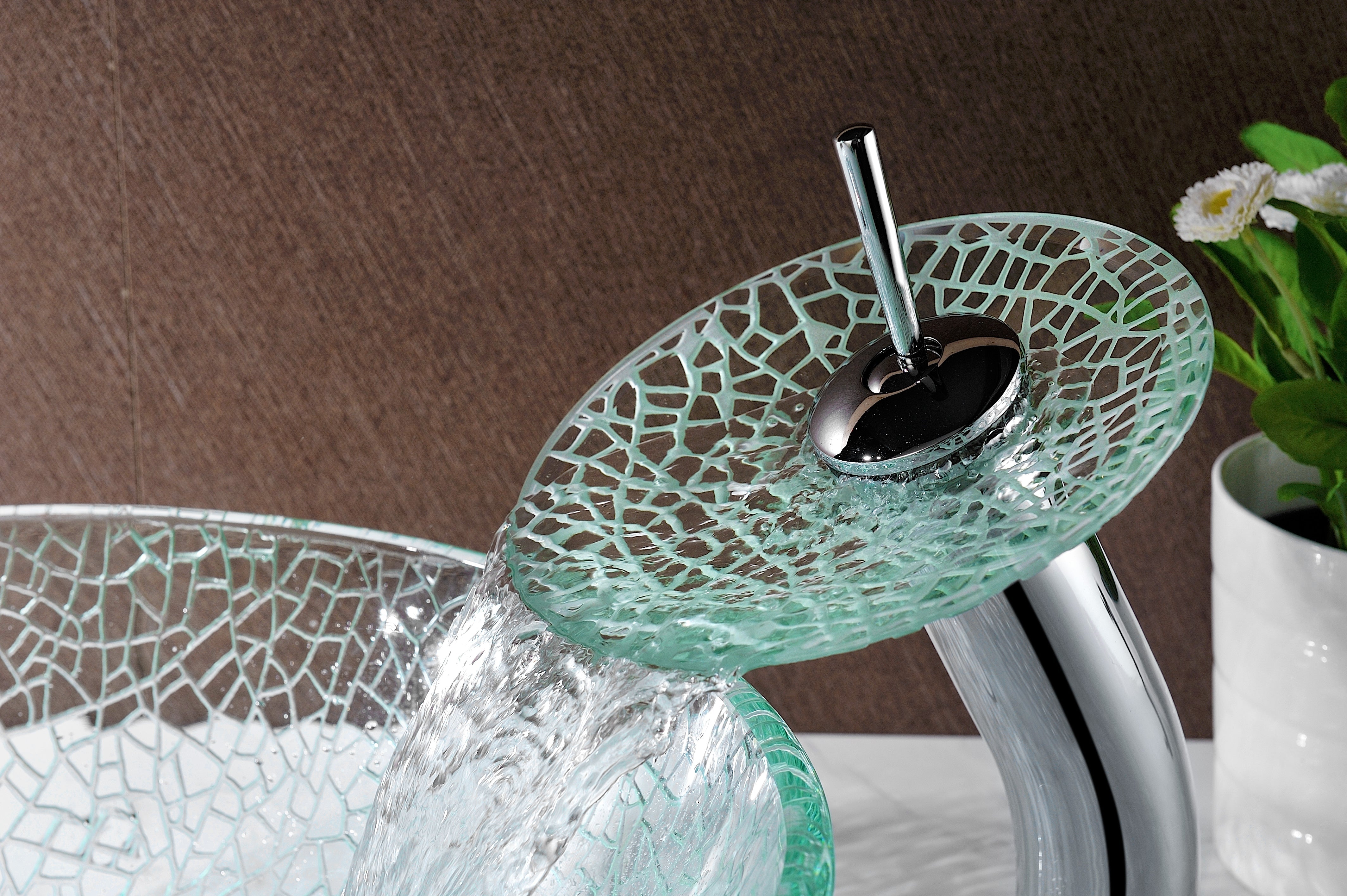 Choir Series Deco-Glass Vessel Sink in Crystal Clear Mosaic with Matching Chrome Waterfall Faucet