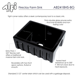 ALFI brand AB2418HS-BG 24" Black Gloss Reversible Smooth / Fluted Single Bowl Fireclay Farm Sink