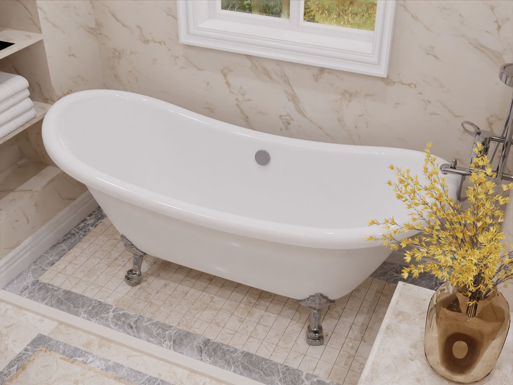 69.29” Belissima Double Slipper Acrylic Claw Foot Tub in White