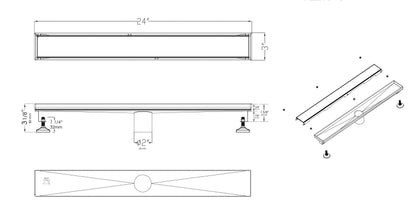 ALFI brand ABLD24B-PSS 24" Modern Polished Stainless Steel Linear Shower Drain with Solid Cover