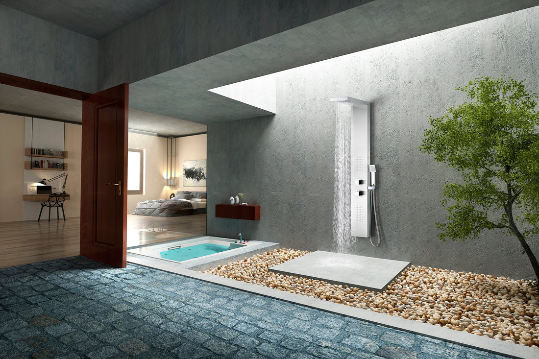 Expanse 57 in. Full Body Shower Panel with Heavy Rain Shower and Spray Wand in Brushed Steel