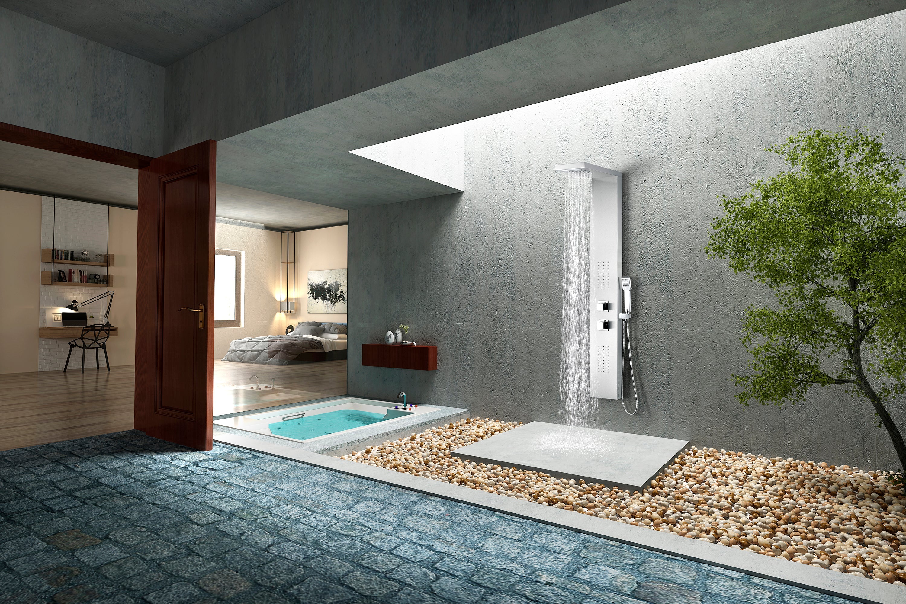 Expanse 57 in. Full Body Shower Panel with Heavy Rain Shower and Spray Wand in Brushed Steel