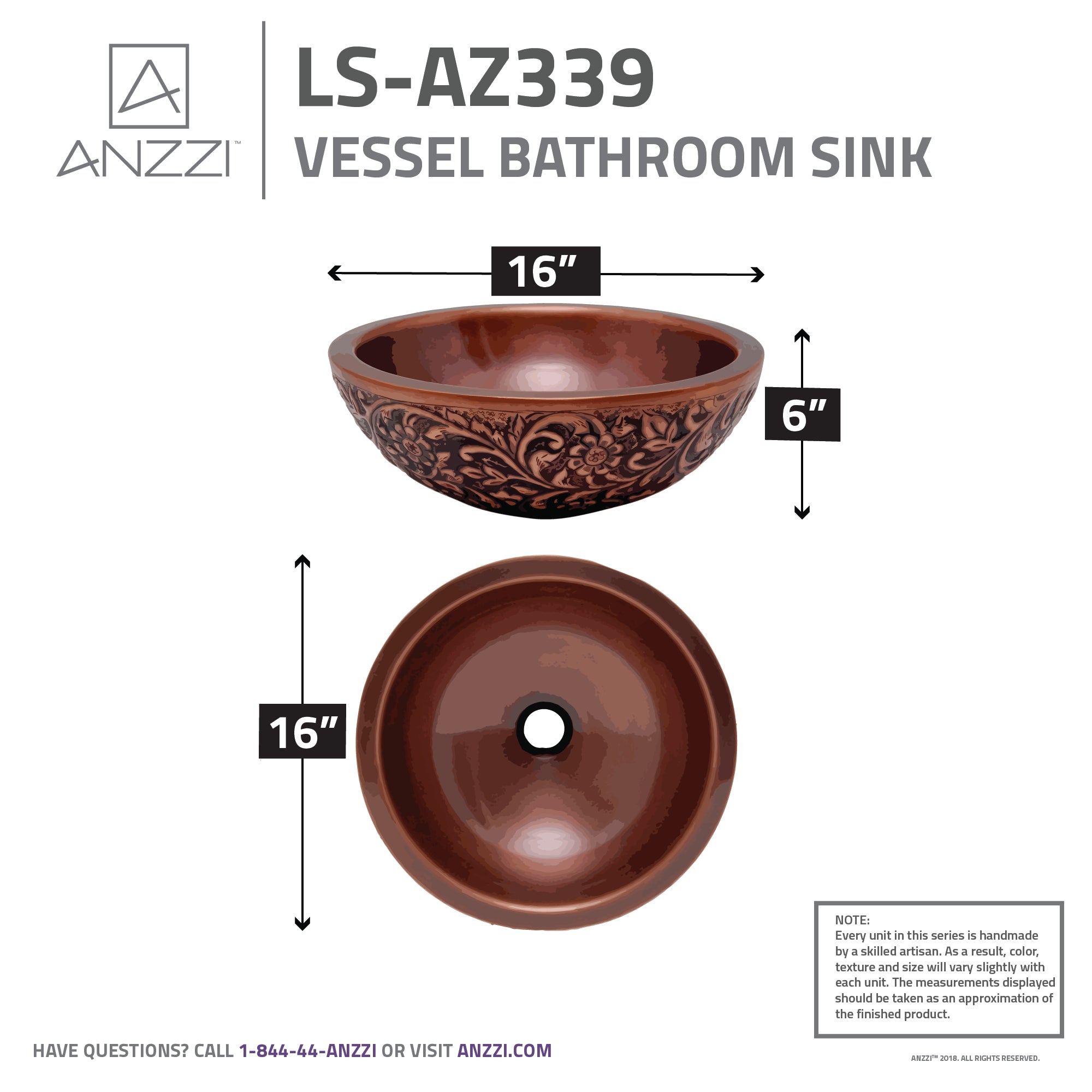 Swell 16 in. Handmade Vessel Sink in Polished Antique Copper with Floral Design Exterior