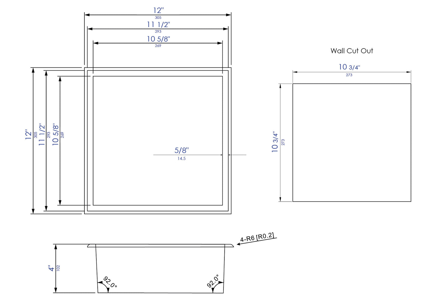 ALFI brand ABN1212-PSS 12 x 12 Polished Stainless Steel Square Single Shelf Bath Shower Niche