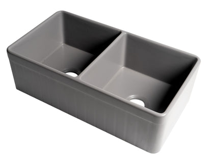 ALFI brand ABF3318D-GM Gray Matte Smooth Apron 33" x 18" Double Bowl Fireclay Farm Sink