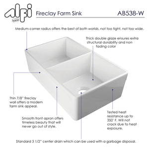 ALFI brand AB538-W White 32" Smooth Apron Double Bowl Fireclay Farmhouse Kitchen Sink