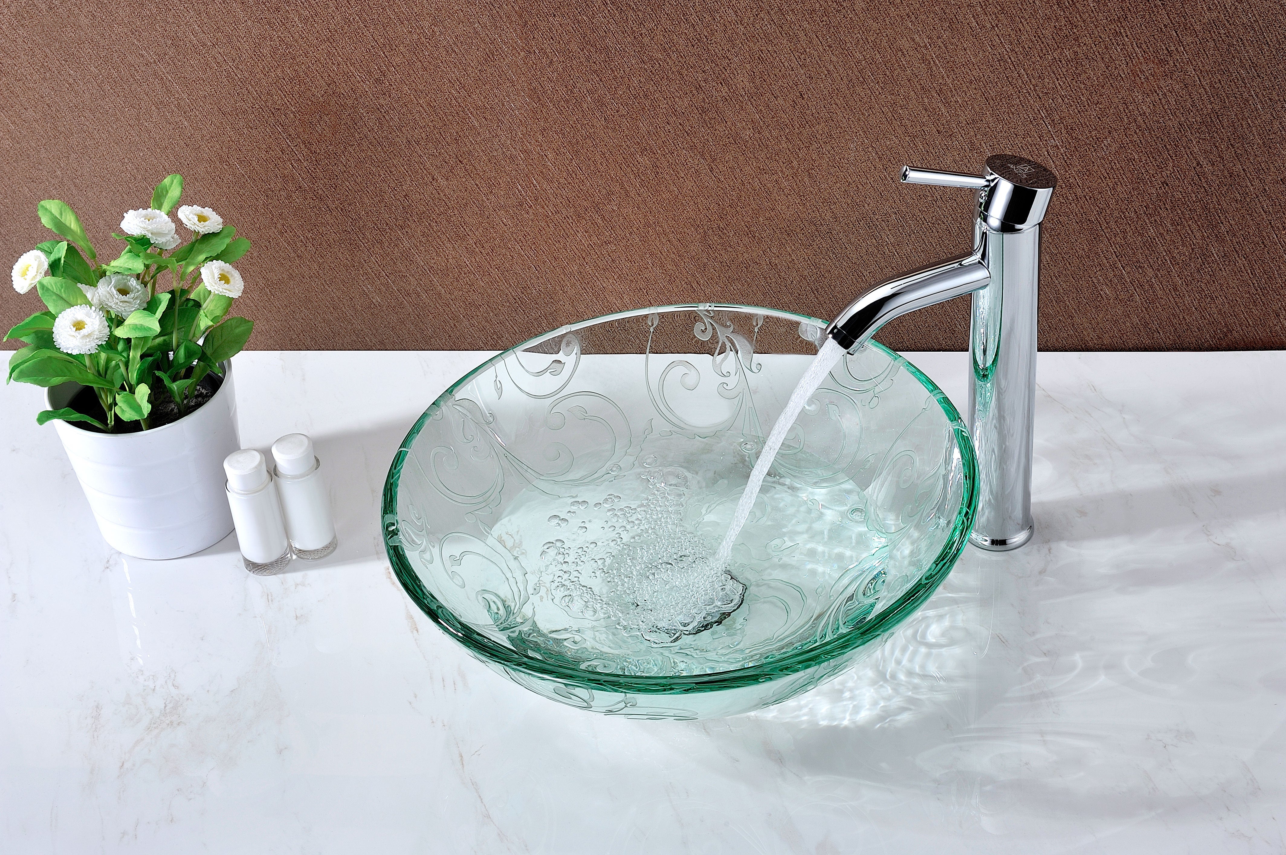 Vieno Series Vessel Sink with Pop-Up Drain in Crystal Clear Floral