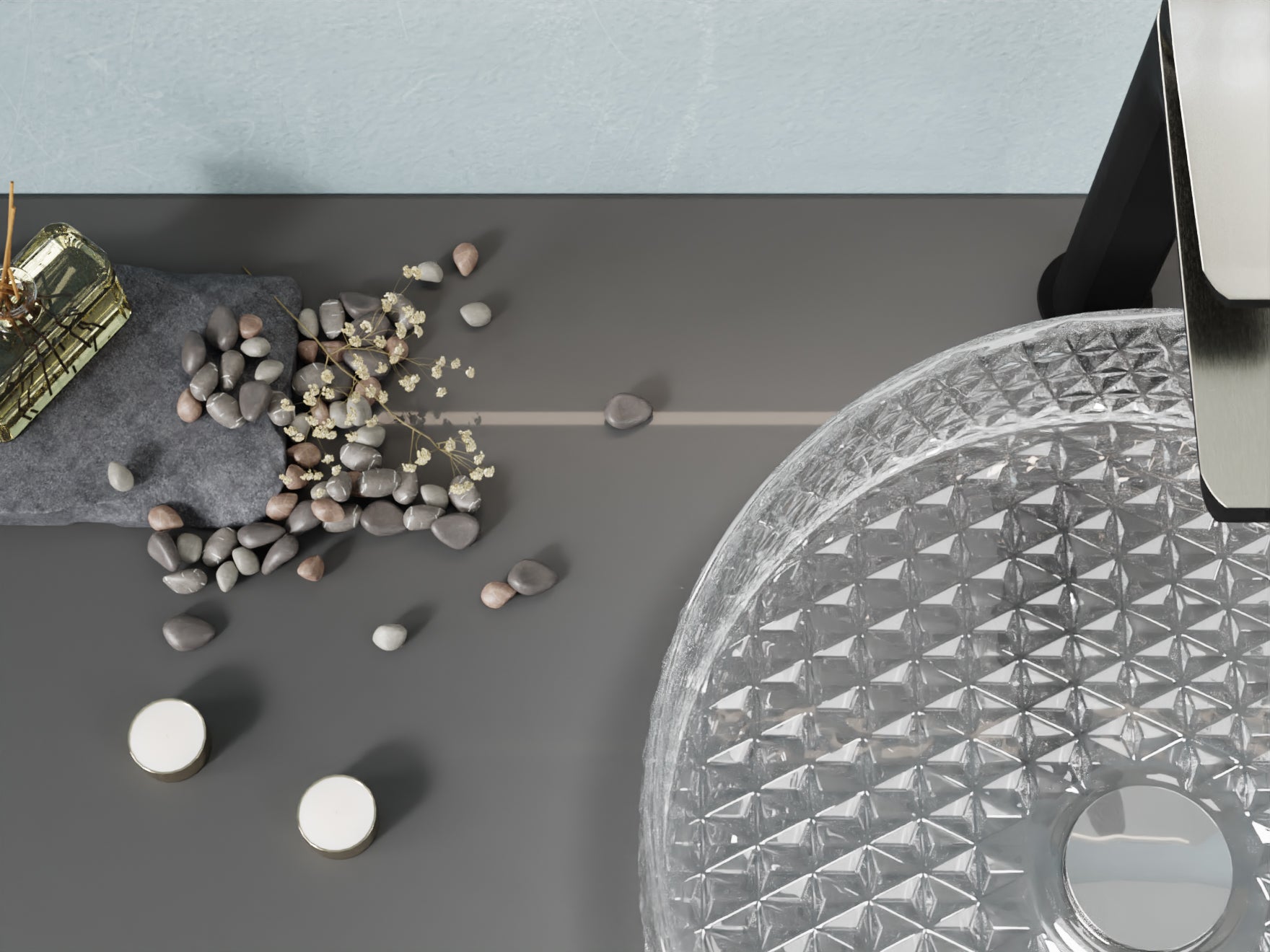 Celeste Round Clear Glass Vessel Bathroom Sink with Faceted Pattern