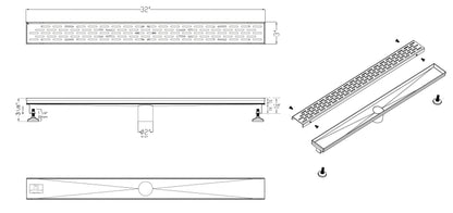 ALFI brand ABLD32C 32" Modern Stainless Steel Linear Shower Drain with Groove Holes