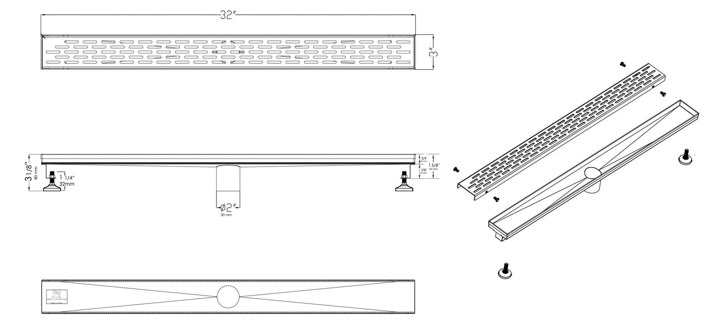 ALFI brand ABLD32C-BM 32" Black Matte Stainless Steel Linear Shower Drain with Groove Holes