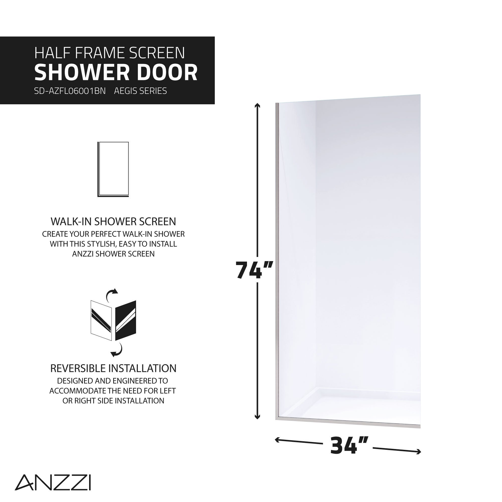 Veil Series 74 in. by 34 in. Framed Frosted Glass Shower Screen