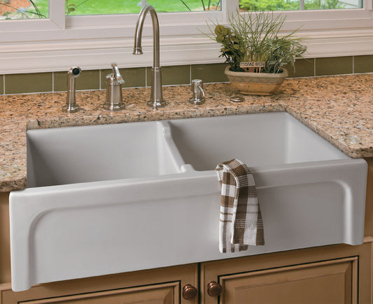 ALFI brand AB3918ARCH-W  39" White Arched Apron Thick Wall Fireclay Double Bowl Farm Sink