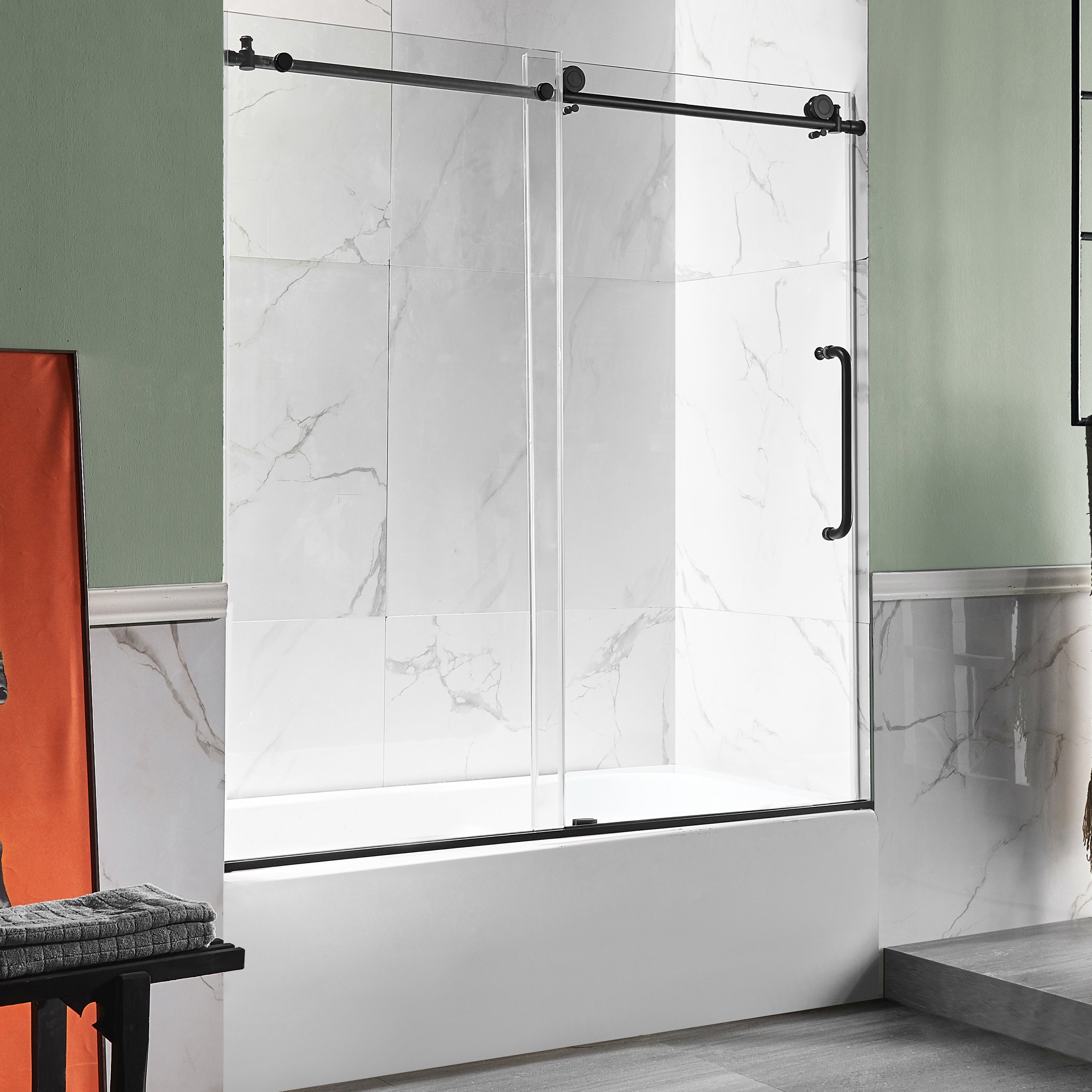Anzzi 5 ft. Acrylic Rectangle Tub in White With 60 in. x 62 in. Frameless Sliding Tub Door