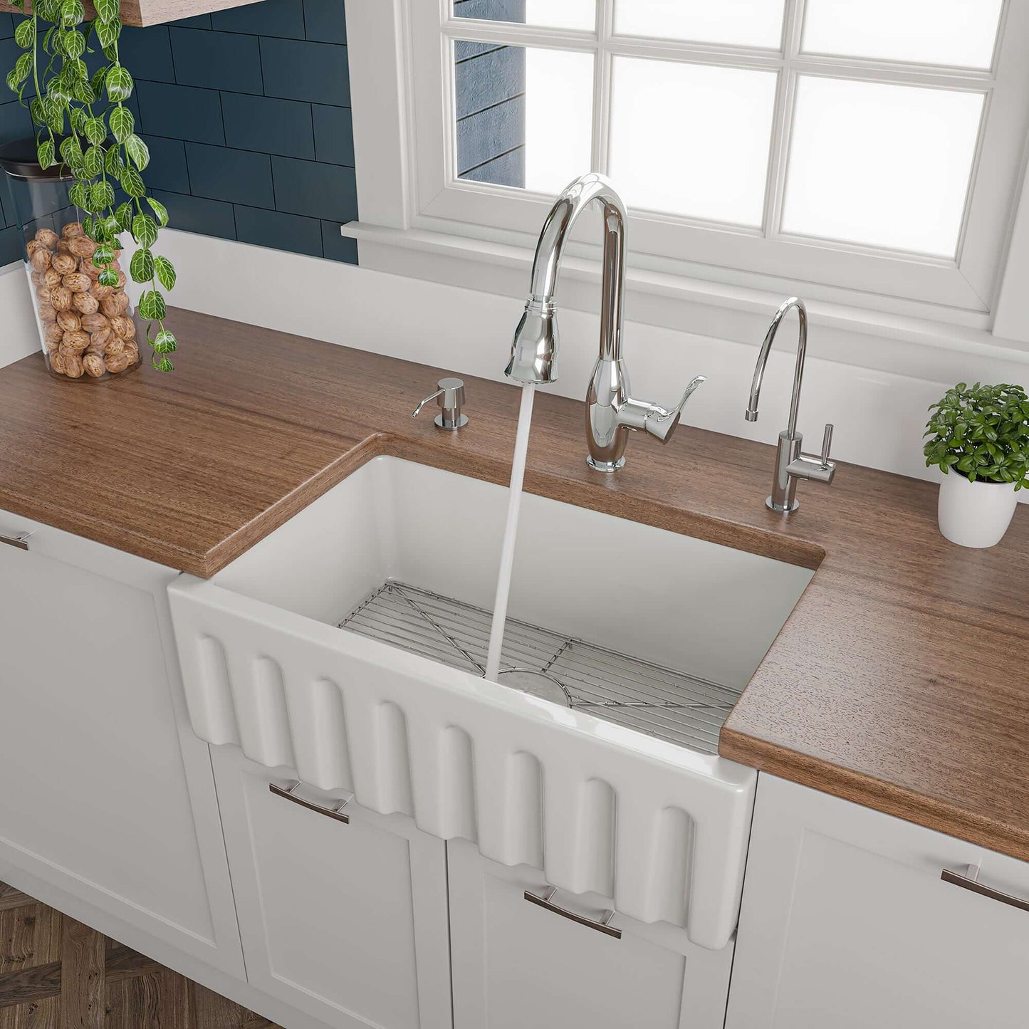 ALFI brand AB3018HS-W 30 inch White Reversible Smooth / Fluted Single Bowl Fireclay Farm Sink