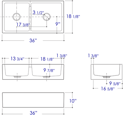 ALFI brand AB3618DB-B  36" Biscuit Smooth Apron Thick Wall Fireclay Double Bowl Farm Sink