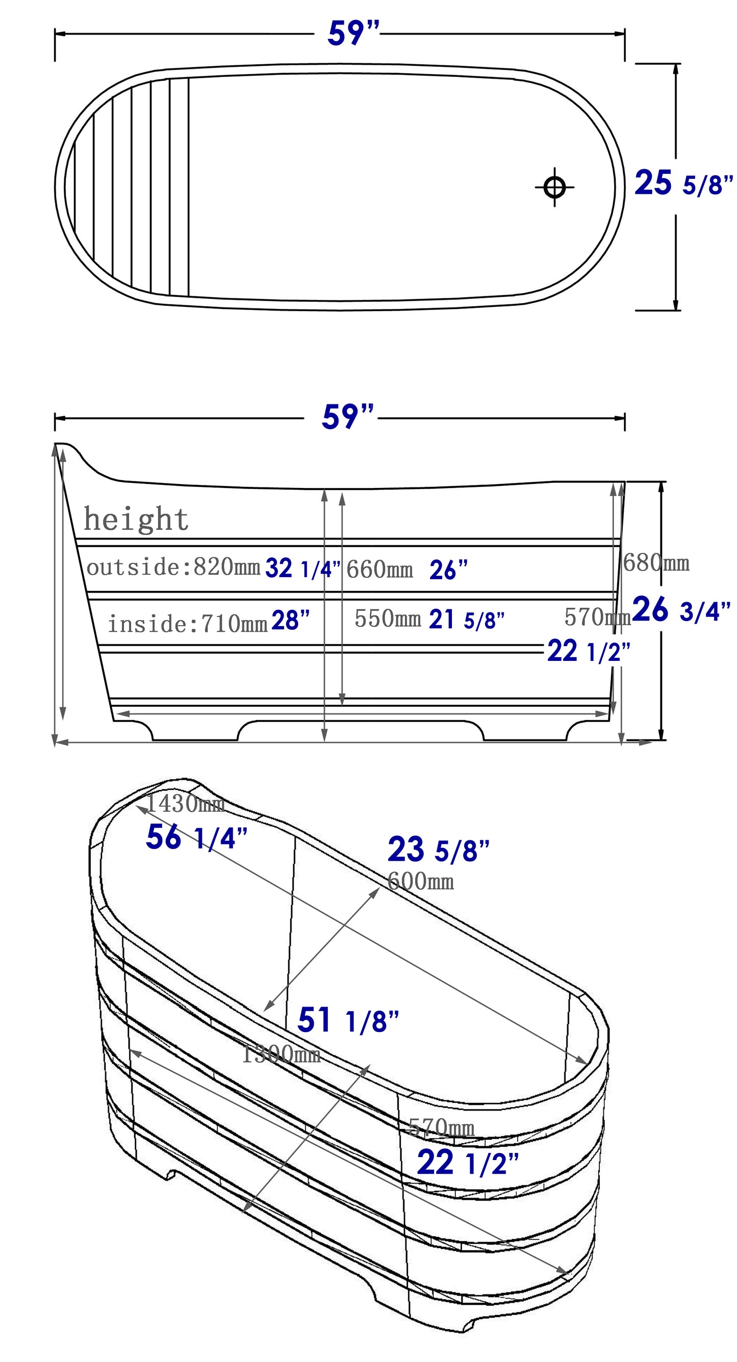 ALFI brand AB1103 59" Free Standing Cedar Wood Bathtub with Bench