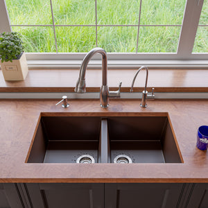 ALFI brand AB3420UM-C Chocolate 34" Undermount Double Bowl Granite Composite Kitchen Sink
