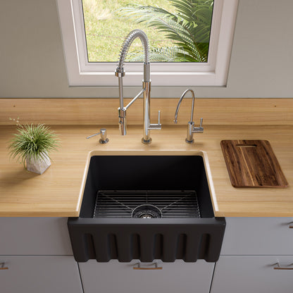 ALFI brand AB2418HS-BM 24" Black Matte Reversible Smooth / Fluted Single Bowl Fireclay Farm Sink