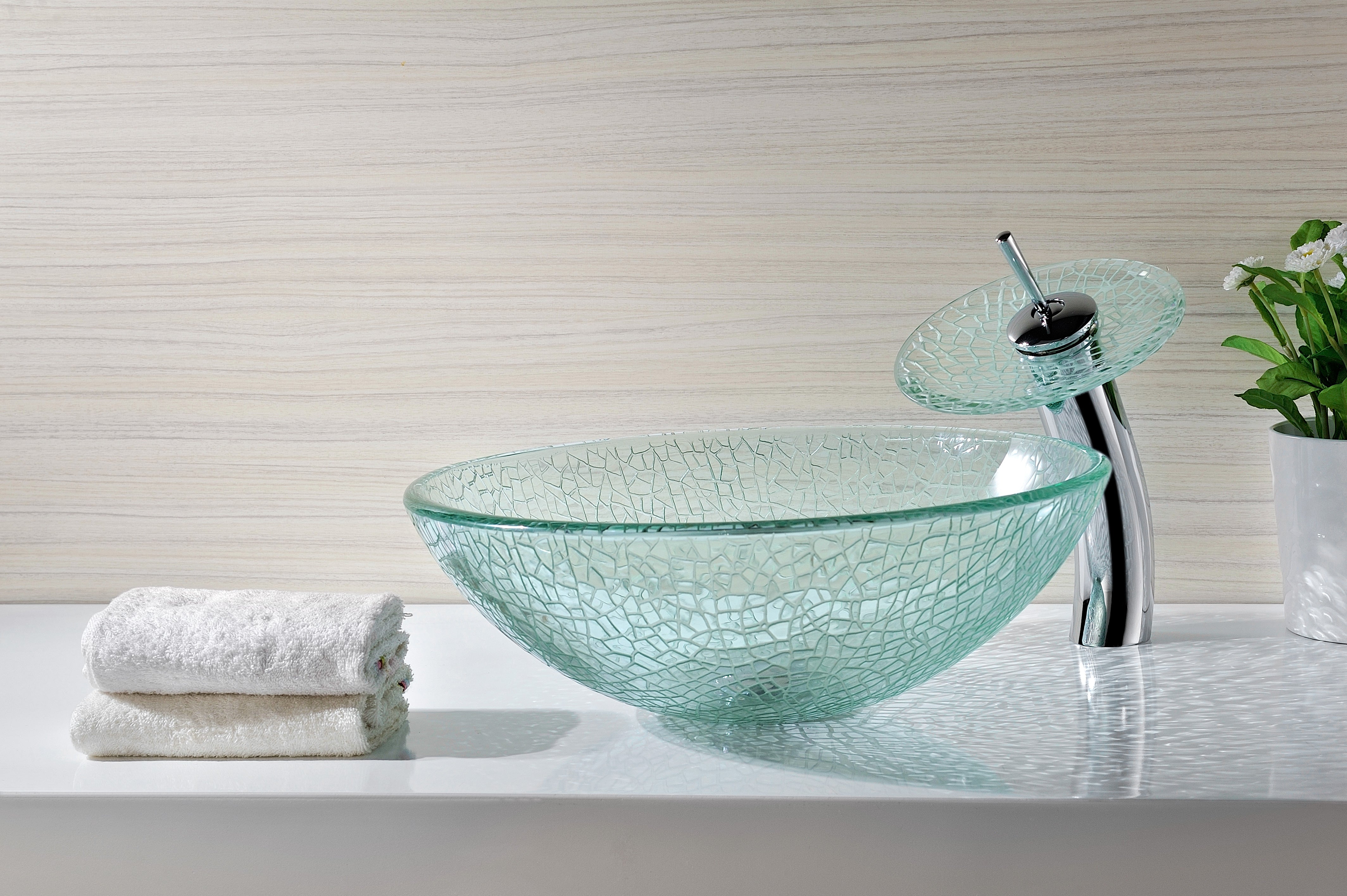 Paeva Series Deco-Glass Vessel Sink in Crystal Clear Chipasi with Matching Chrome Waterfall Faucet