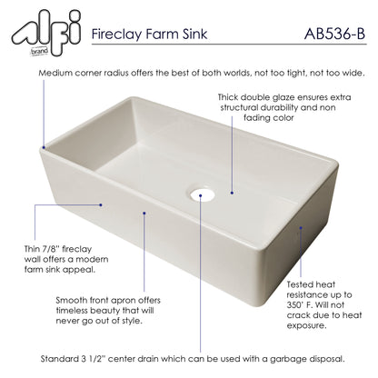 ALFI brand AB536-B Biscuit 36" Smooth Apron Single Bowl Fireclay Farm Sink