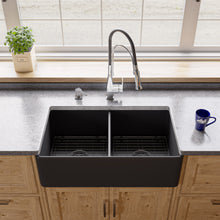 Load image into Gallery viewer, ALFI brand ABF3318D-BM Black Matte Smooth Apron 33&quot; x 18&quot; Double Bowl Fireclay Farm Sink