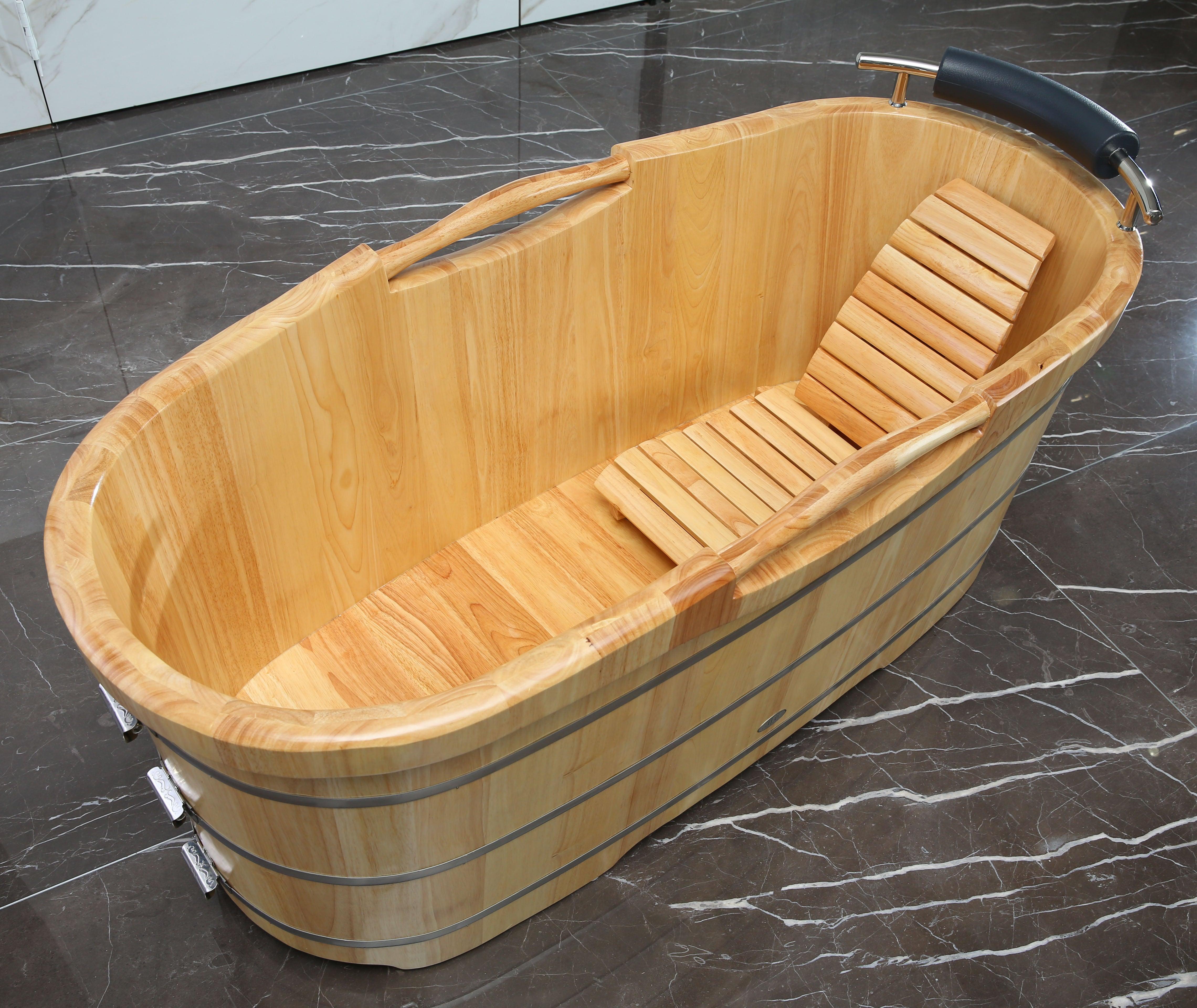 ALFI brand AB1163 61" Free Standing Wooden Bathtub with Cushion Headrest
