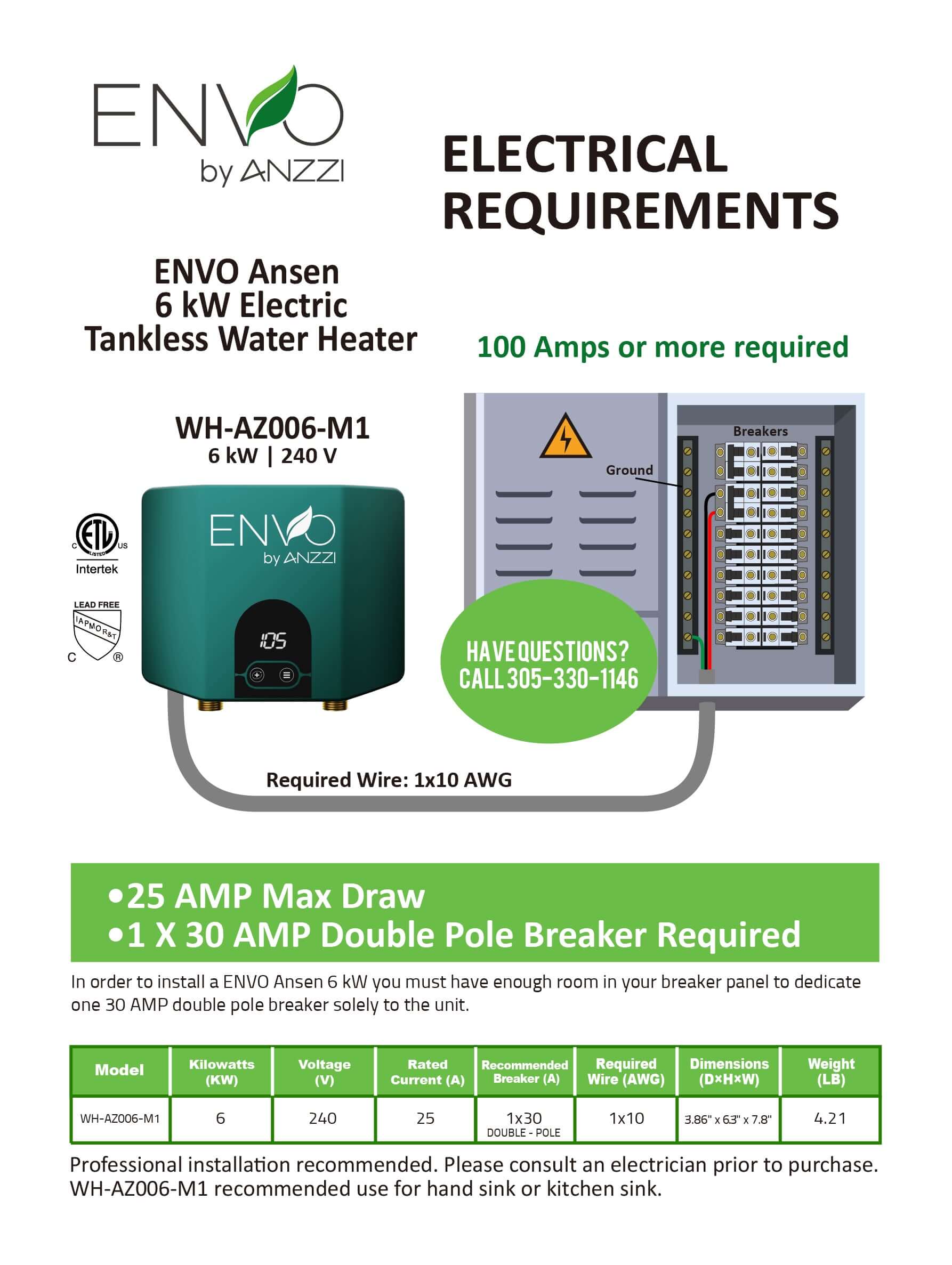 ENVO Ansen 6 kW Tankless Electric Water Heater