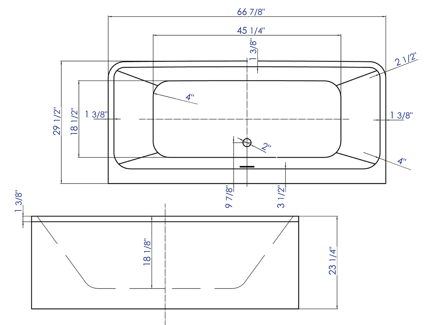 ALFI brand AB8859 67 inch White Rectangular Acrylic Free Standing Soaking Bathtub