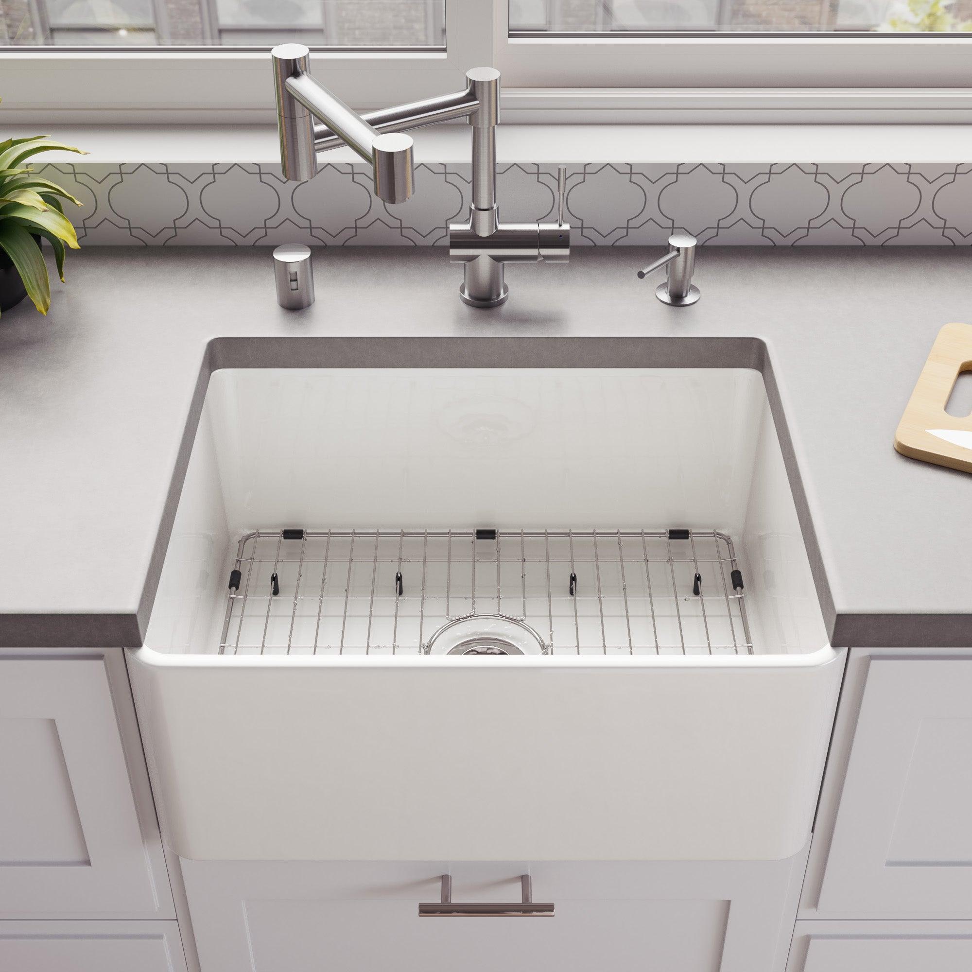 ALFI brand ABF2418 24" White Thin Wall Single Bowl Smooth Apron Fireclay Kitchen Farm Sink