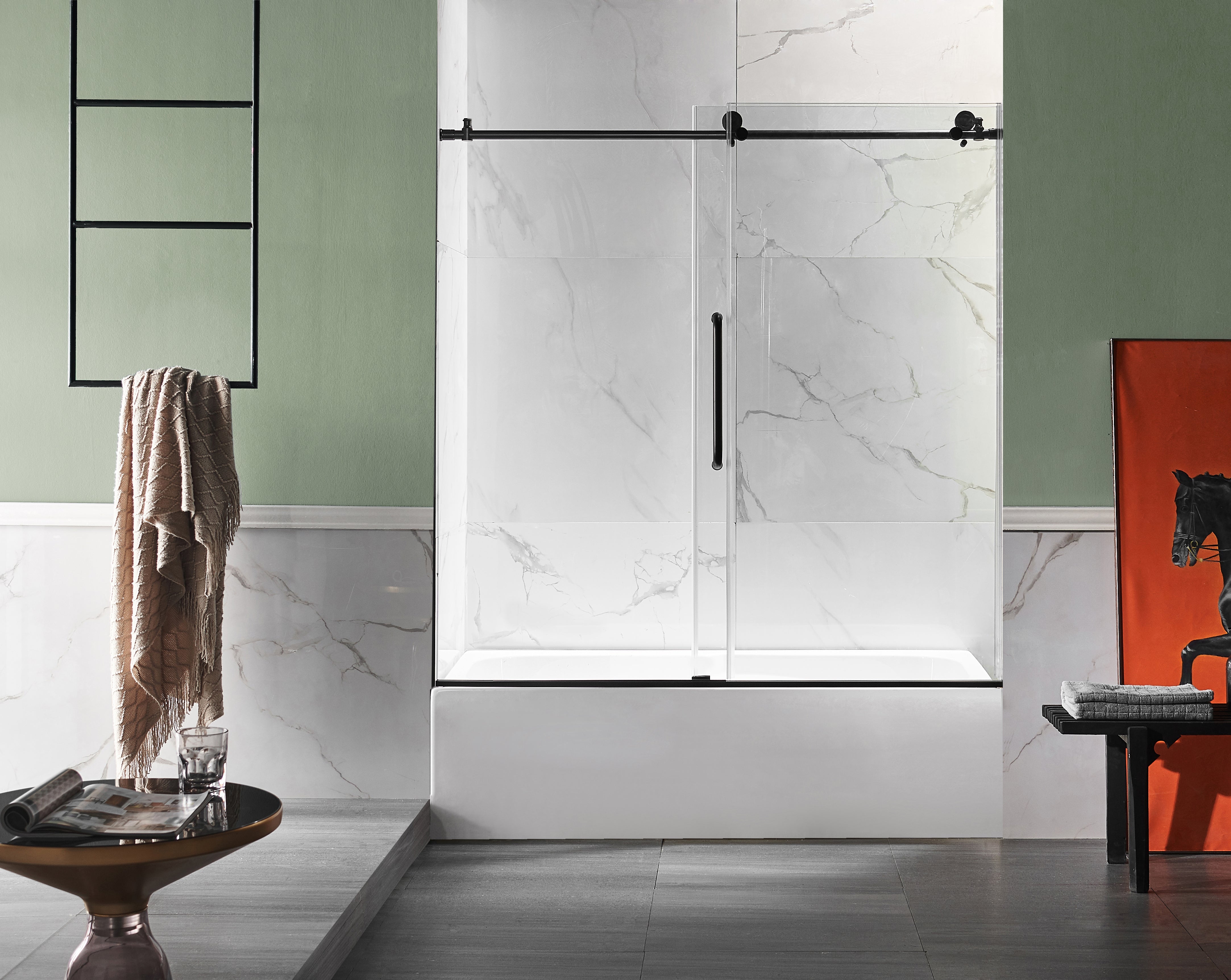 Anzzi 5 ft. Acrylic Rectangle Tub in White With 60 in. x 62 in. Frameless Sliding Tub Door