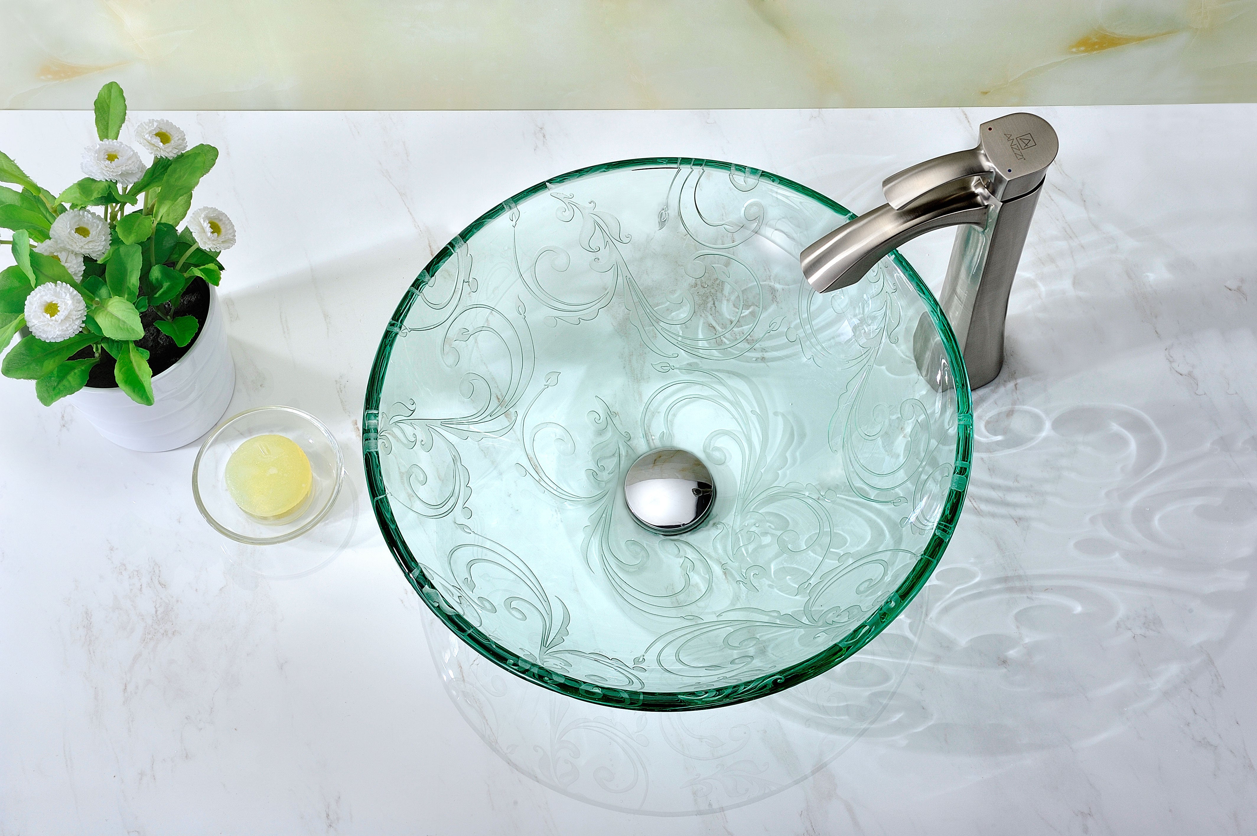 Vieno Series Vessel Sink with Pop-Up Drain in Crystal Clear Floral