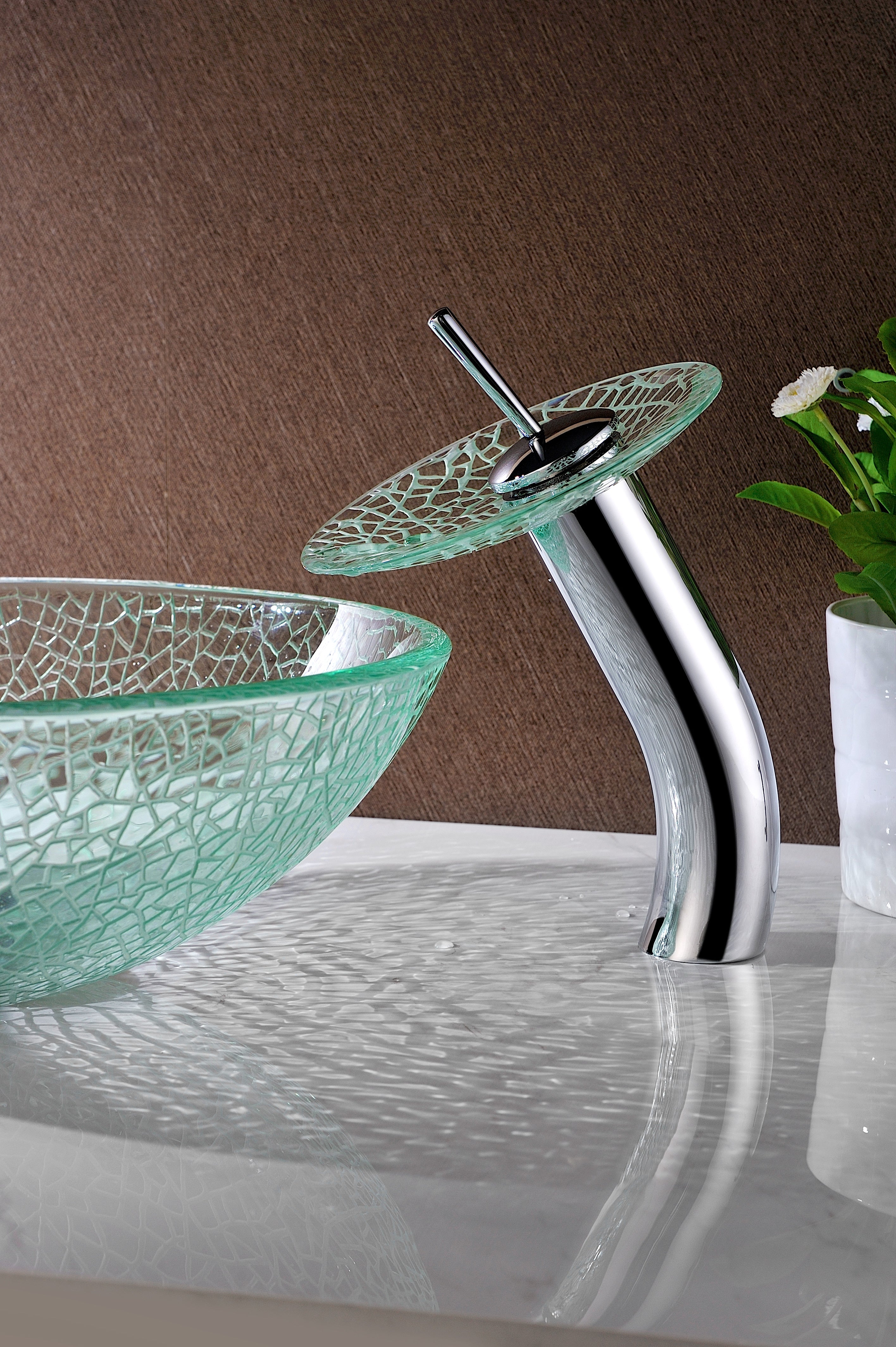 Paeva Series Deco-Glass Vessel Sink in Crystal Clear Chipasi with Matching Chrome Waterfall Faucet