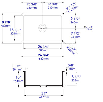 ALFI brand ABF2718UD-W White 27" x 18" Fireclay Undermount / Drop In Firelcay Kitchen Sink