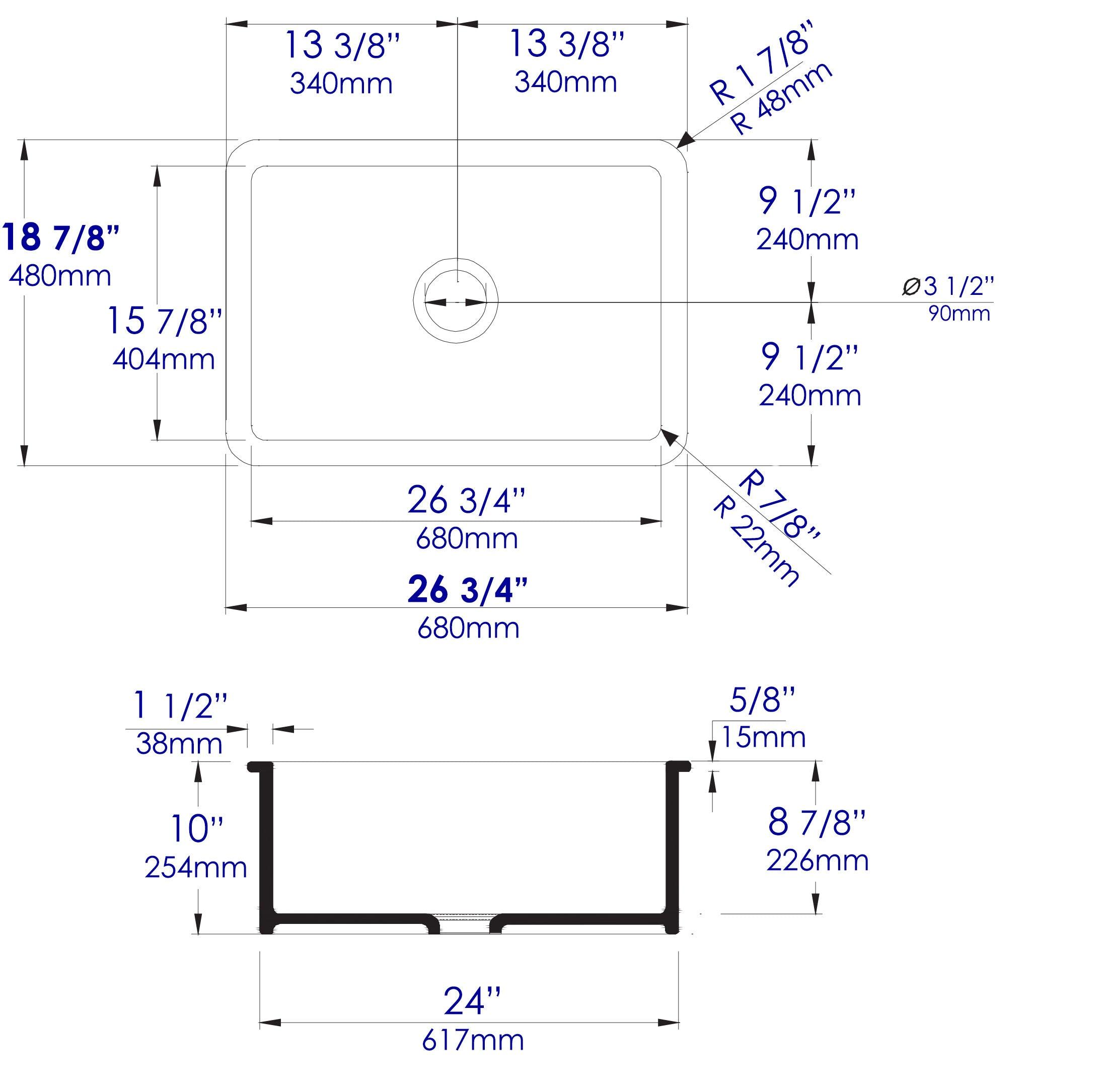 ALFI brand ABF2718UD-GM Gray Matte 27" x 18" Fireclay Undermount / Drop In Firelcay Kitchen Sink