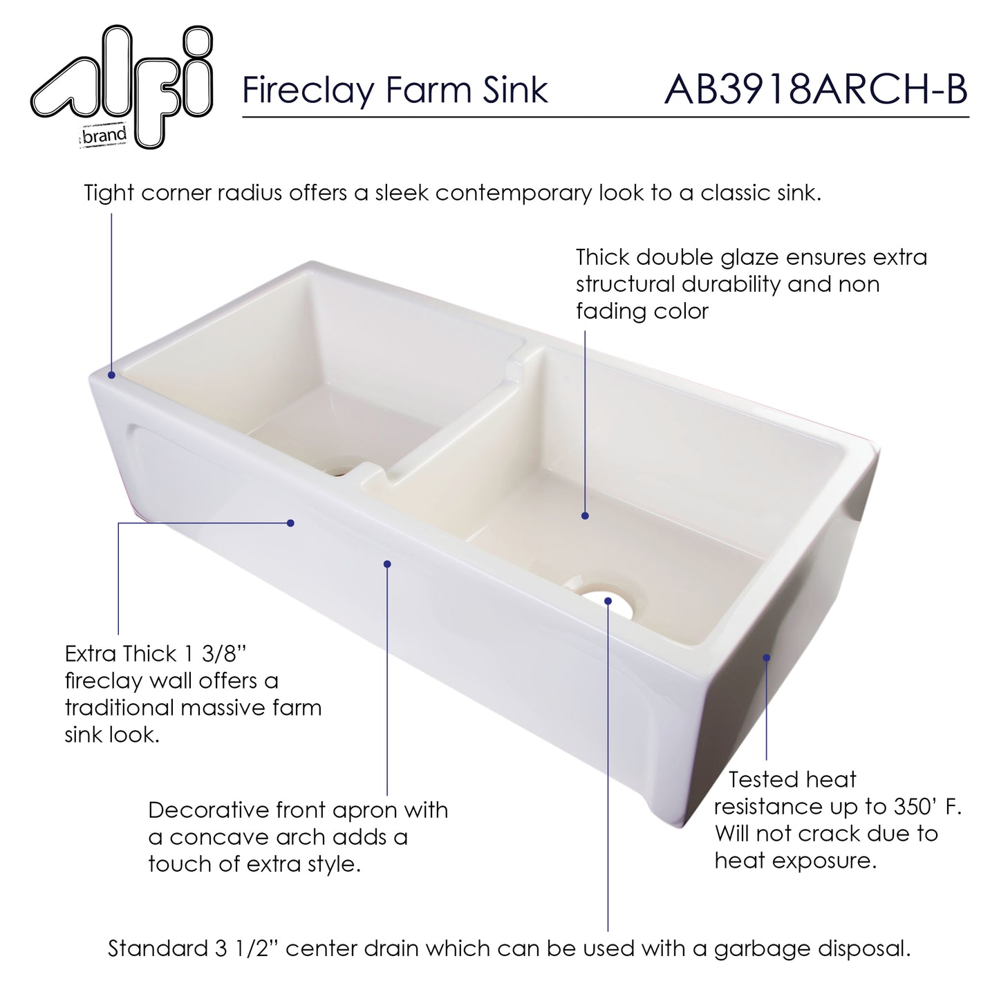 ALFI brand AB3918ARCH-B  39" Biscuit Arched Apron Thick Wall Fireclay Double Bowl Farm Sink